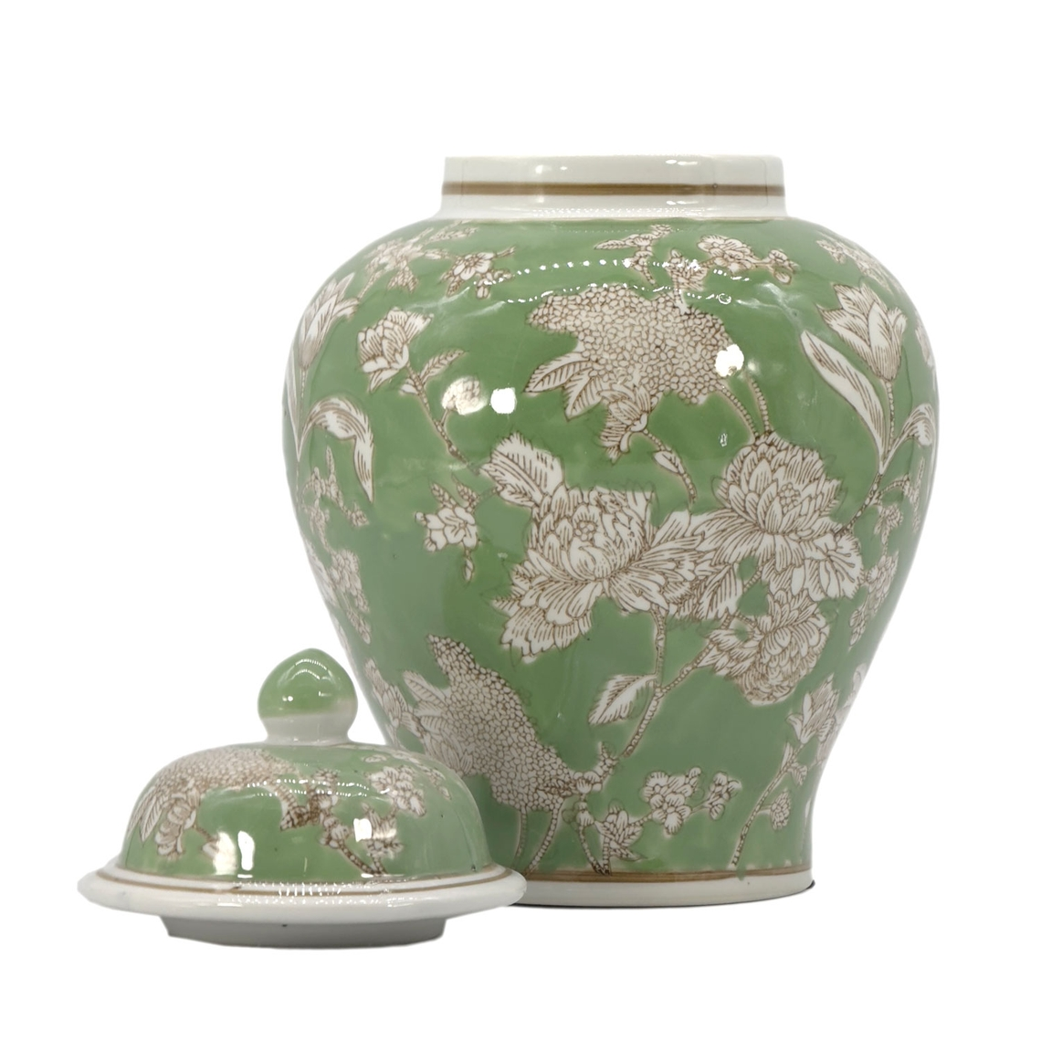 12-inch green and white ceramic chinoiserie jar with floral peony pattern and matching lid.