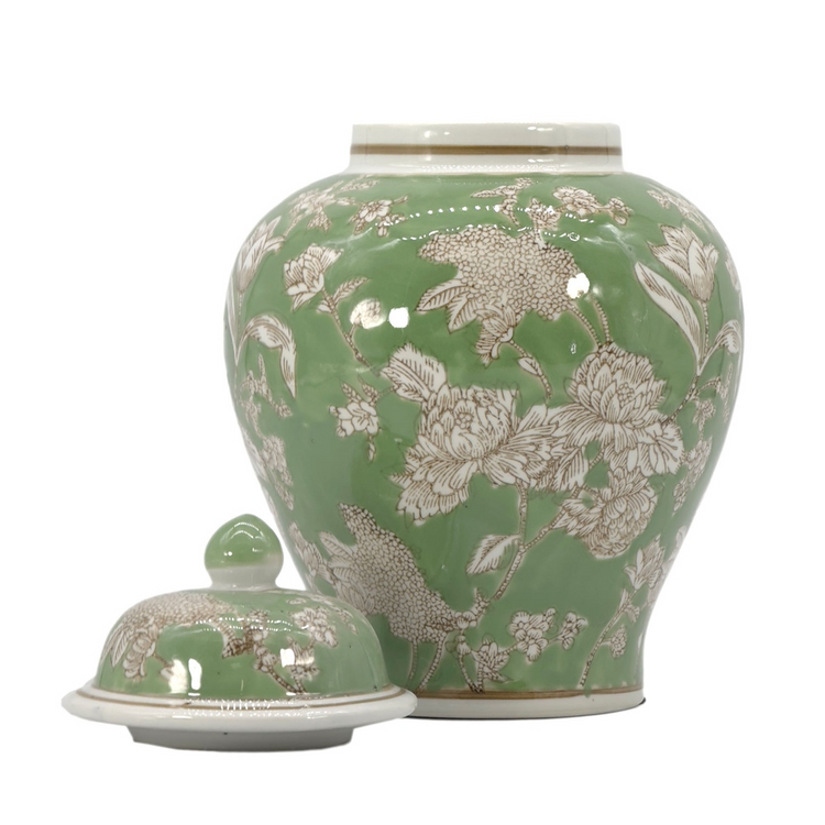 12-inch green and white ceramic chinoiserie jar with floral peony pattern and matching lid.