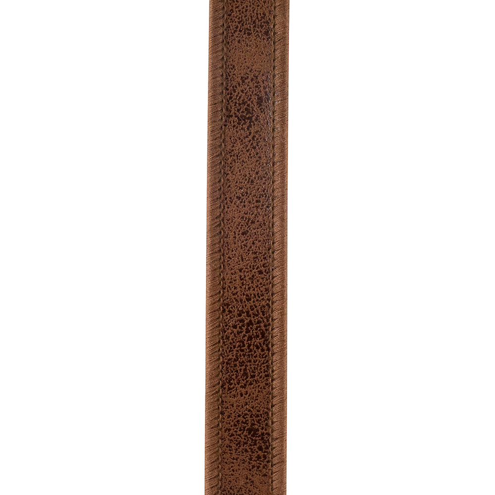Close-up of brown leather deluxe two-sided wired edge ribbon with a textured finish.