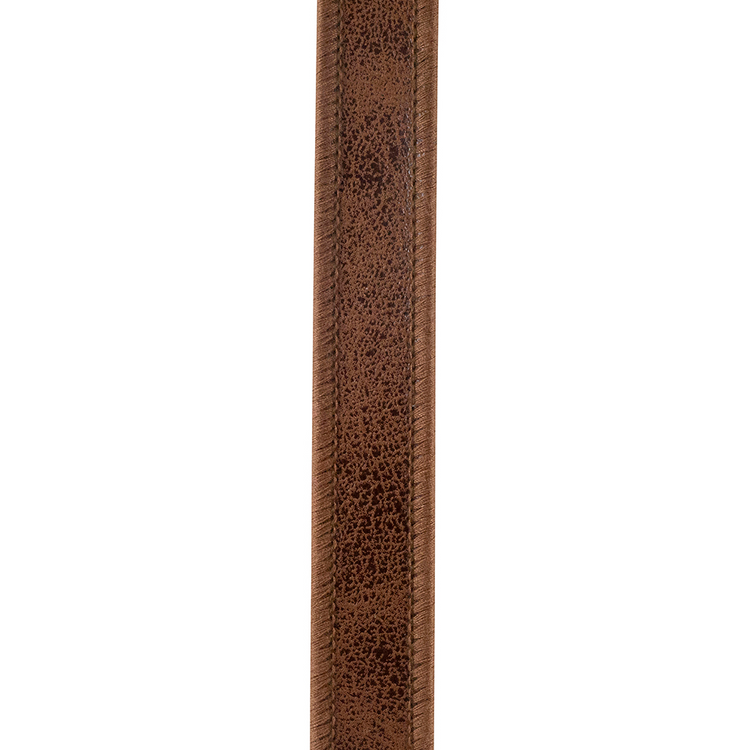 Close-up of brown leather deluxe two-sided wired edge ribbon with a textured finish.