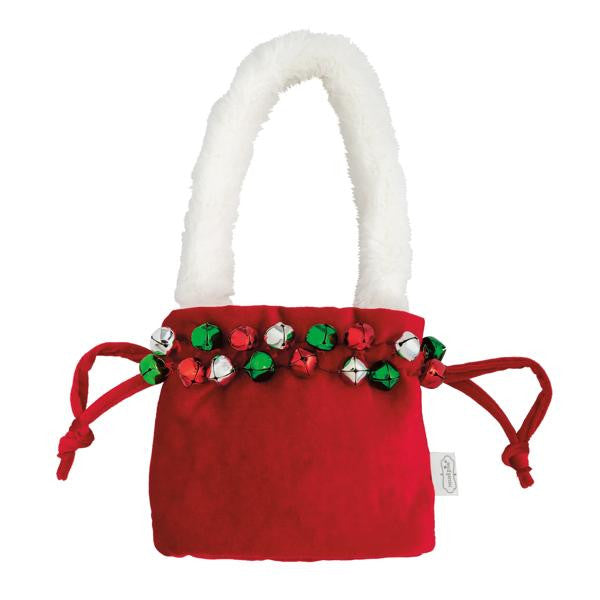 Red velvet Jingle Bell Pouch Purse with a white fuzzy handle and colorful mini jingle bells.