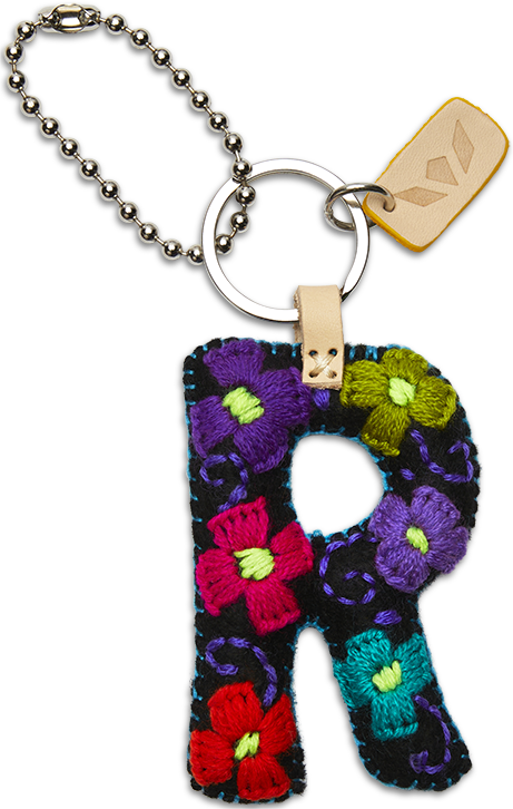 Felt letter charm attached to a metal chain with an eyelet ring.