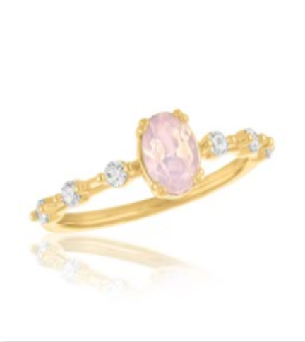 Rose Water Opal Oval Statement Gold Layers Ring with a pink oval stone and side crystals.