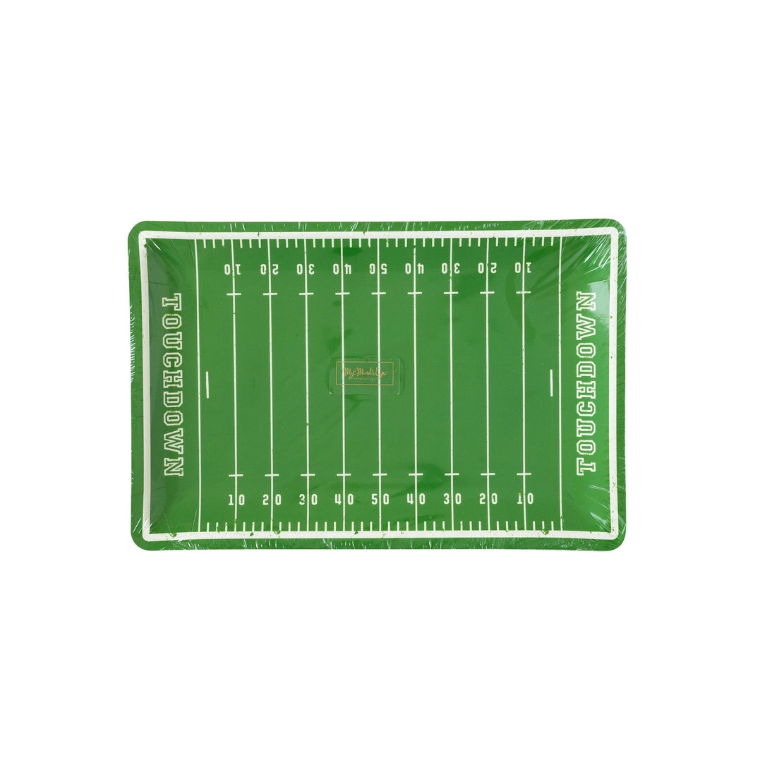 Rectangular green football field paper party tray with yard lines and touchdown end zones.