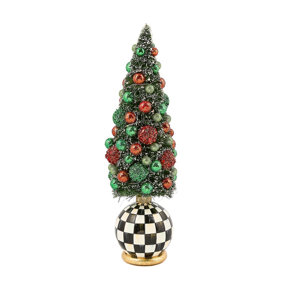 Resin bottle brush tree with frost-covered branches, red and green baubles, polyester ribbon accents.