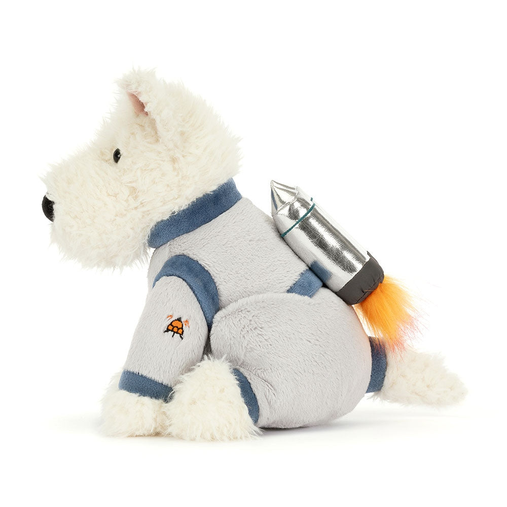 Munro Scottie Dog plush toy wearing a grey space suit with a silver rocket pack and orange flames.
