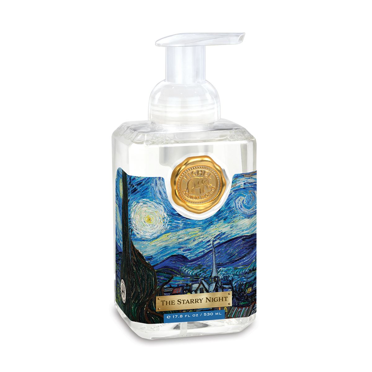 Foaming hand soap dispenser in clear plastic with white liquid inside.