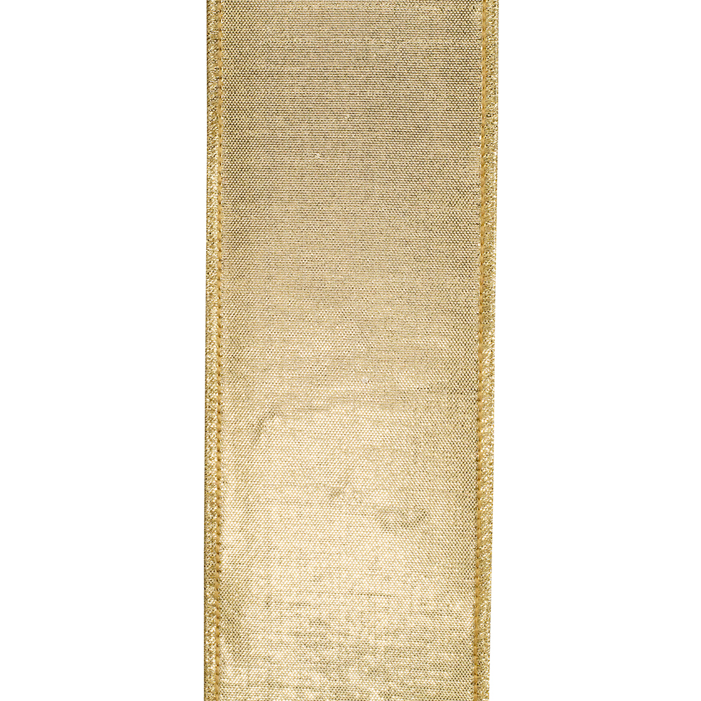 Gold metallic dupioni wired edge ribbon with a textured woven finish.