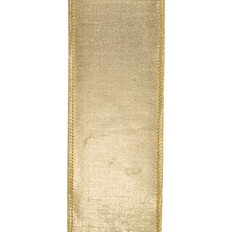 Gold metallic dupioni wired edge ribbon with a textured woven finish.
