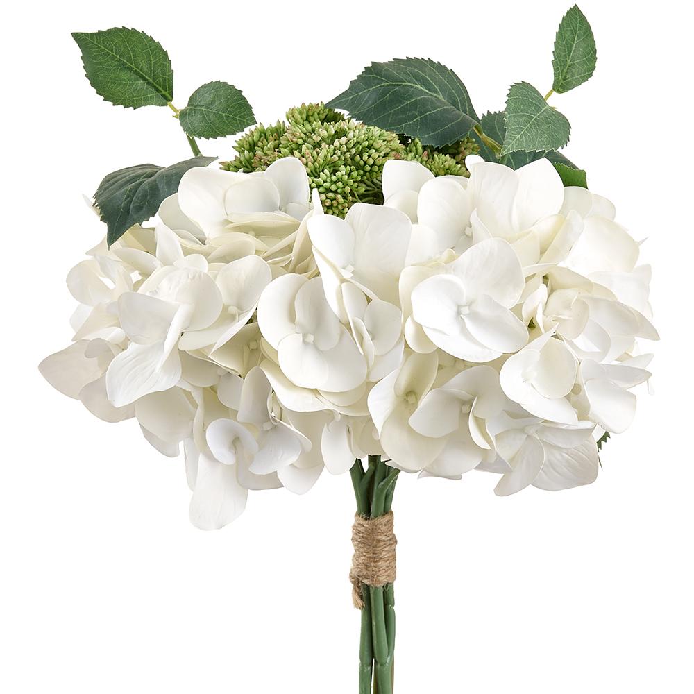 Polyester hydrangea bouquet with green foliage arranged in a circular shape.