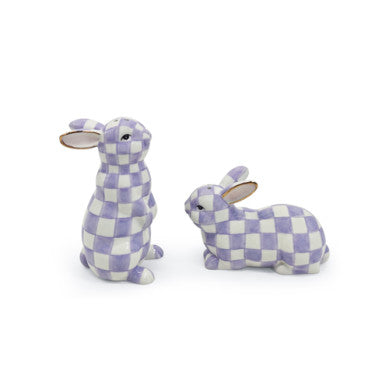 Dolomite ceramic salt and pepper set featuring two violet check bunnies in standing and resting poses.