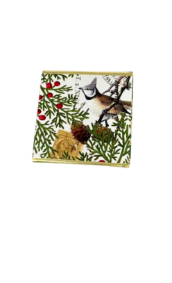 Sparkling Winter Berries small soap bar with a bird, pine branches, and red berries illustration.