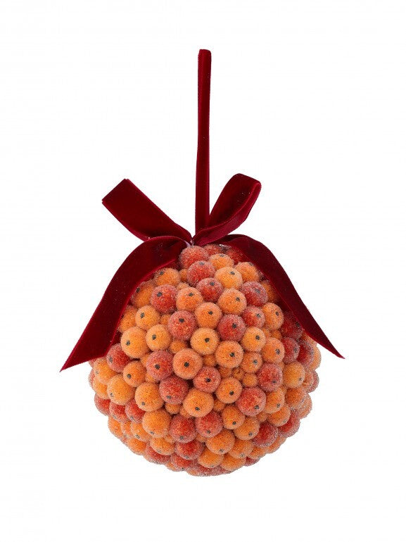 Beaded Berry Ball Ornament with orange and red frosted berries and a dark red velvet ribbon bow.