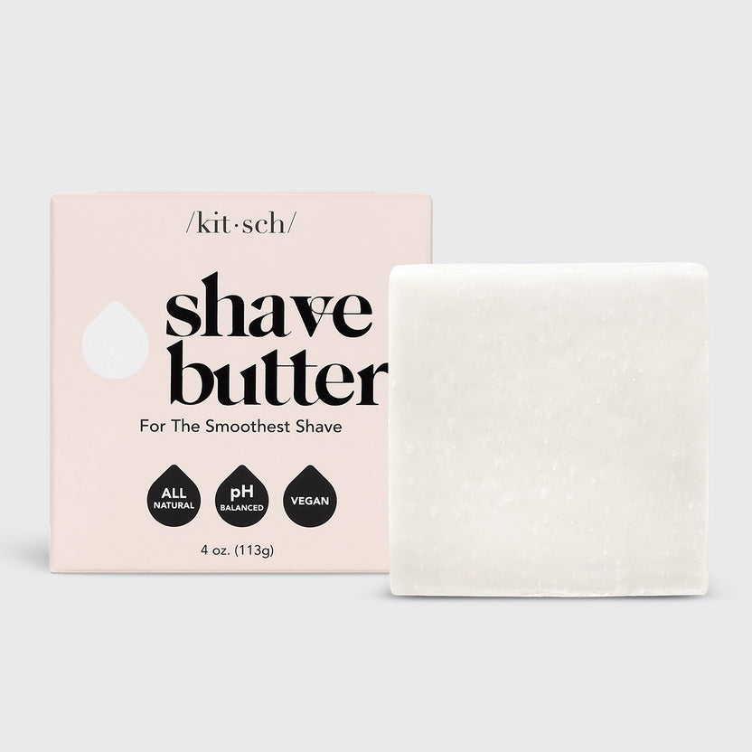 Shave Butter Bar in a clear bottle-free plastic-free container with visible creamy beige butter texture.