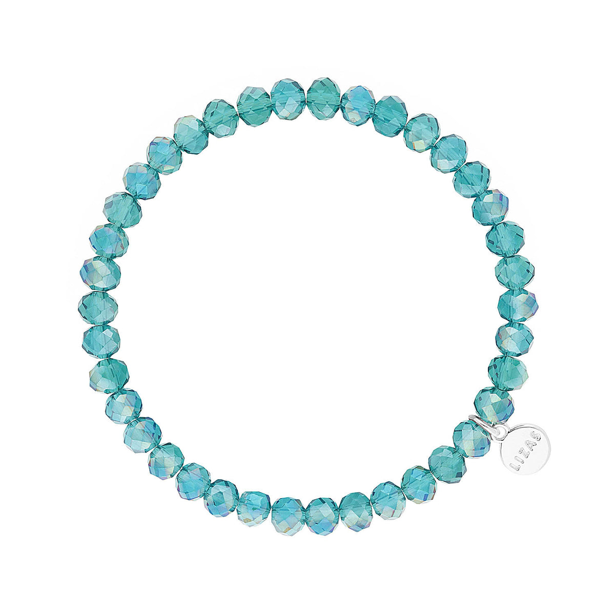 Stretchy bracelet with faceted glass beads in a colorful beaded pattern.