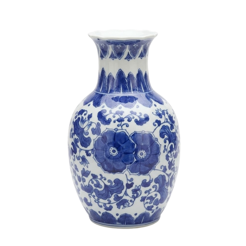 Classic blue and white ceramic vase with traditional floral patterns and a scalloped rim.