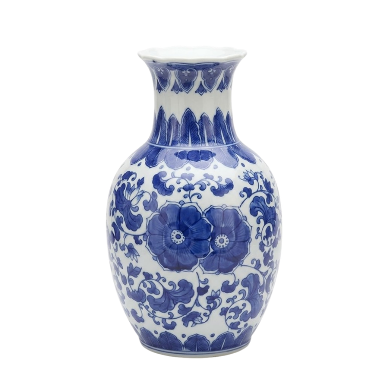 Classic blue and white ceramic vase with traditional floral patterns and a scalloped rim.