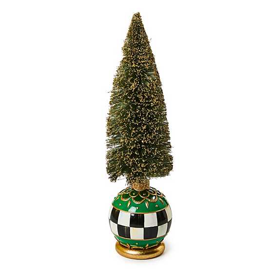 Medium Emerald Luxe Illuminated Bottle Brush Tree with a checkered and green patterned base.