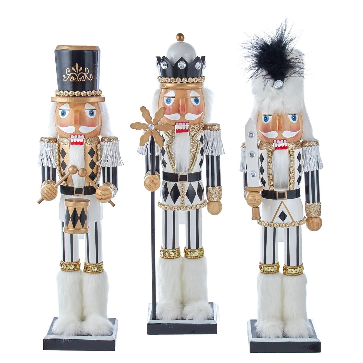 Set of three 15-inch black, white, and gold wooden nutcrackers with glitter and gemstone details.