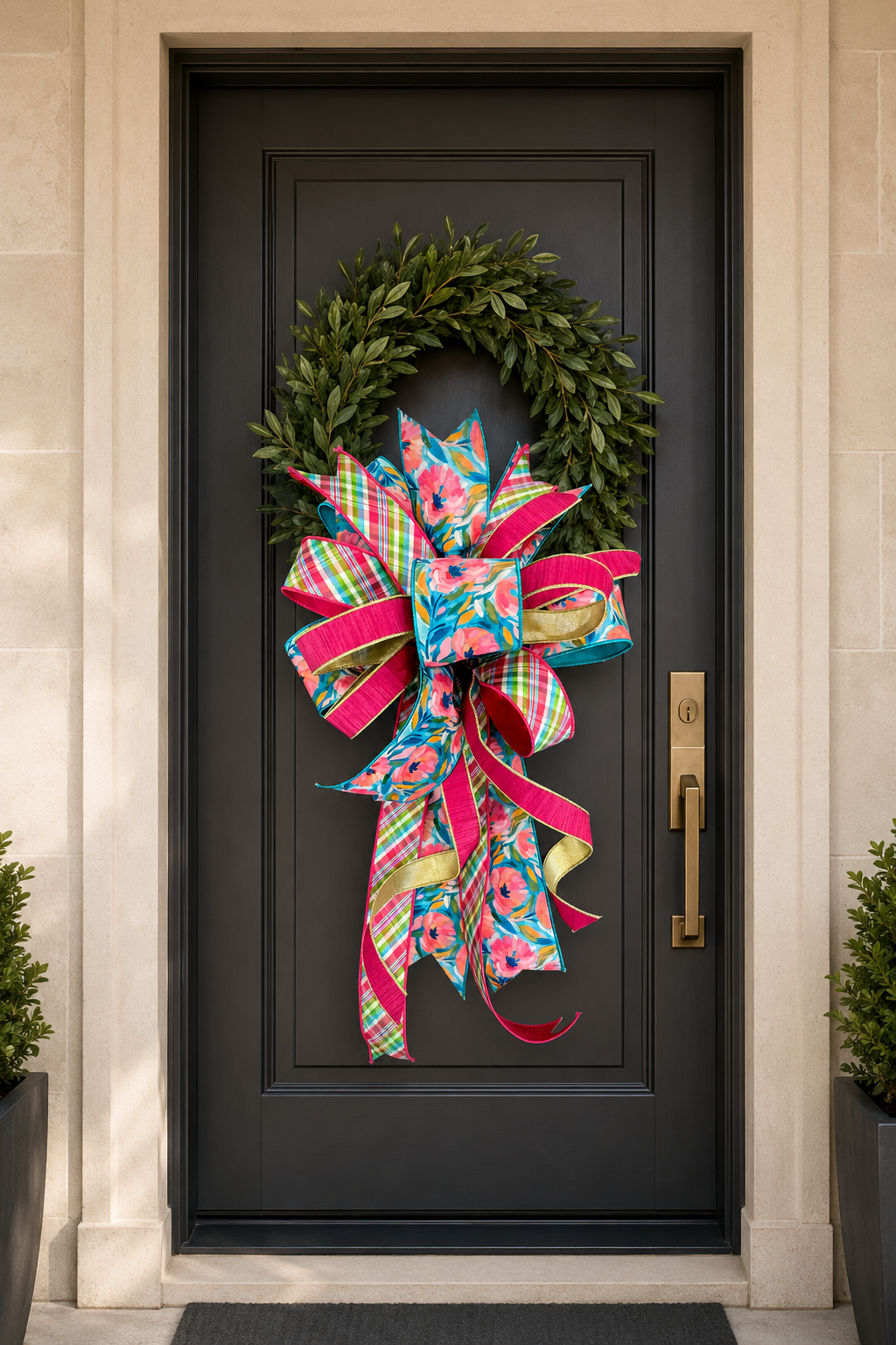Large colorful floral and plaid bow on a green leaf wreath hanging on a black front door.