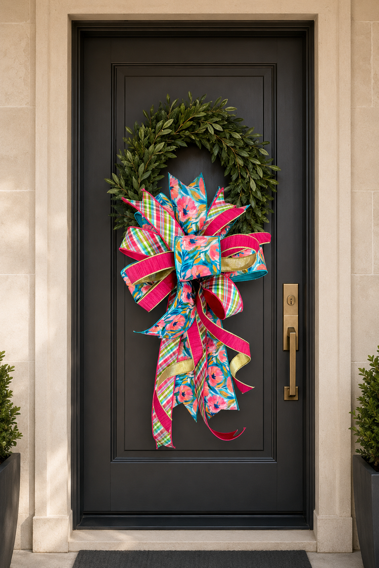 Large colorful floral and plaid bow on a green leaf wreath hanging on a black front door.