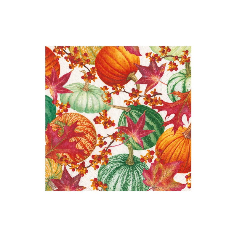 Gourds and Leaves Recycled Cocktail Napkin featuring colorful pumpkins, gourds, and autumn leaves.