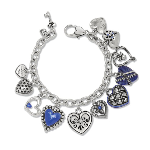 One Heart Link Charm Bracelet with silver-plated heart charms and blue enamel accents.