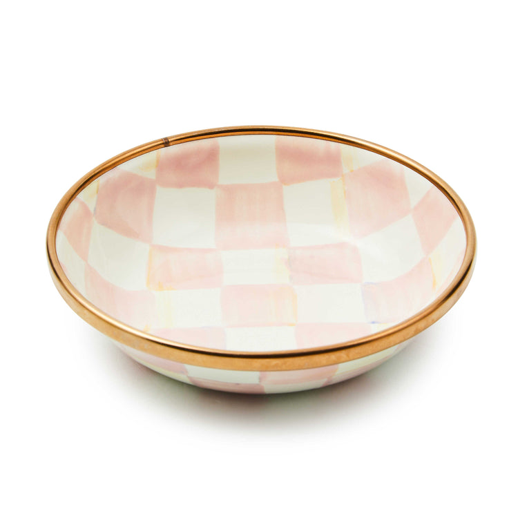 Rosy Check Dipping Bowl with hand-painted pink and white checks and a bronzed stainless steel rim.