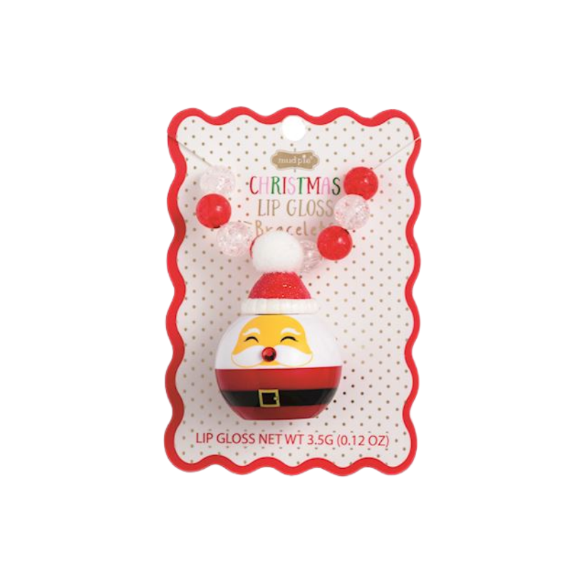 Santa Claus lip gloss charm on a red and white beaded stretchy bracelet.