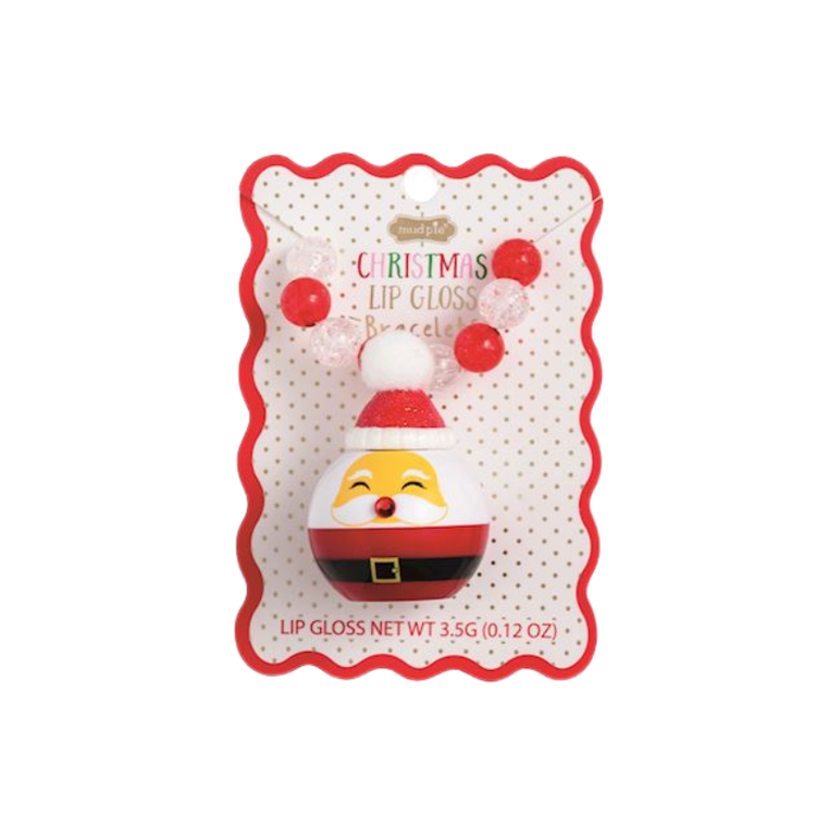 Santa Claus lip gloss charm on a red and white beaded stretchy bracelet.