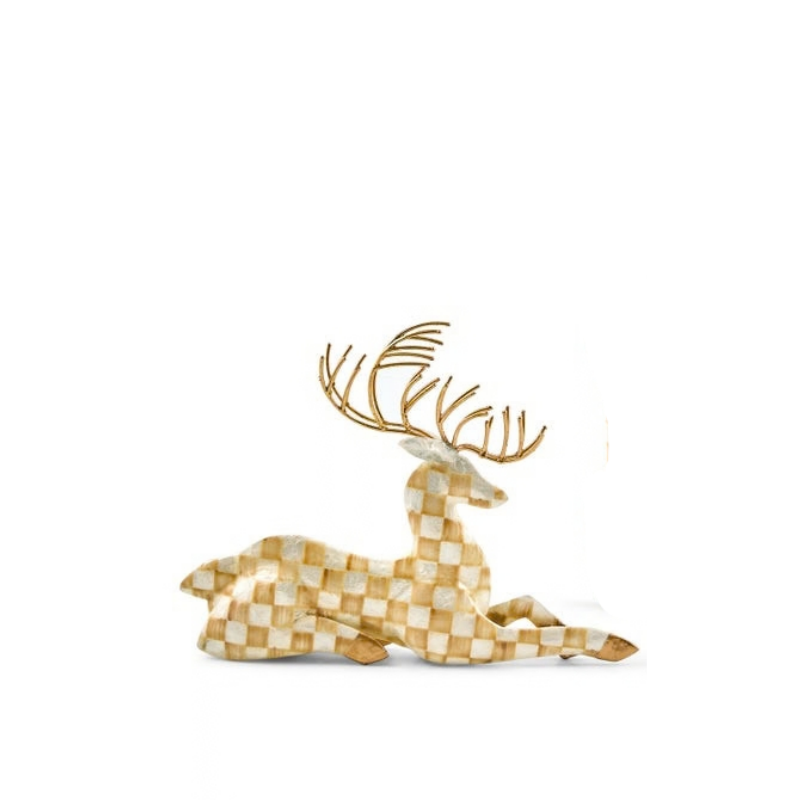 Mocha Check Capiz Resting Deer figurine with golden antlers and a checkered pattern.