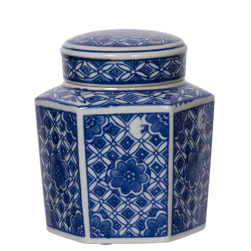 Blue-and-white porcelain decorative jar with a square silhouette.