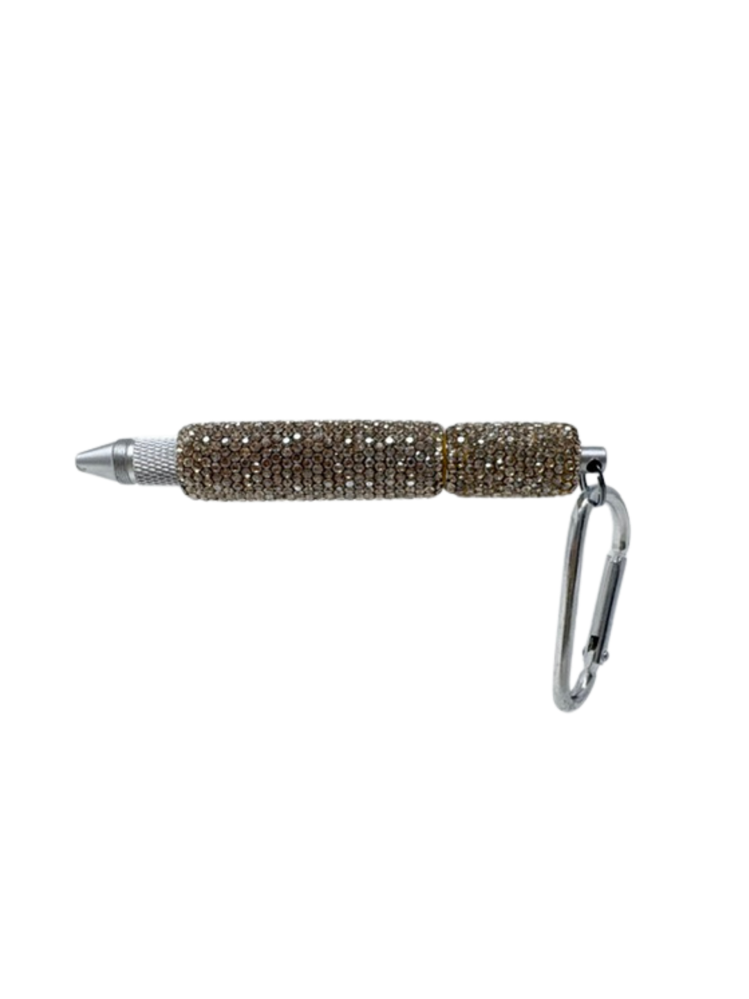 Silver-toned multi-functional keychain pen covered in sparkling brown rhinestones with a carabiner.