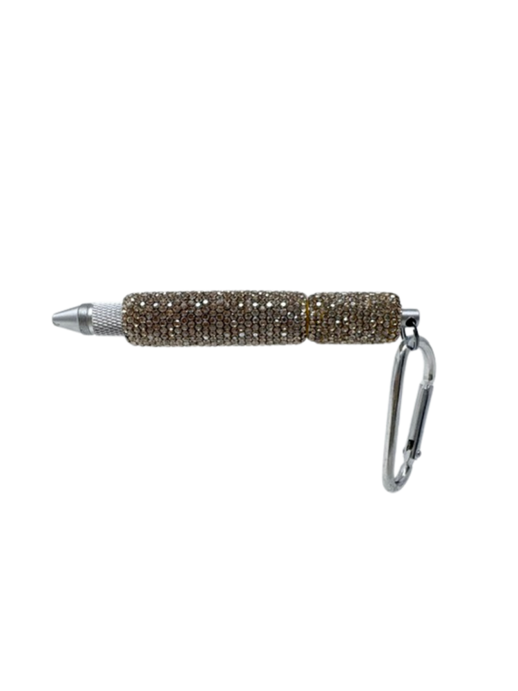 Silver-toned multi-functional keychain pen covered in sparkling brown rhinestones with a carabiner.