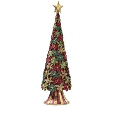Resin Stargazer Blossom Cone Tree with red, green, and gold flowers and a star topper.