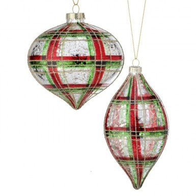 Glass plaid finial ornament with a checkered pattern in red, green, and white.