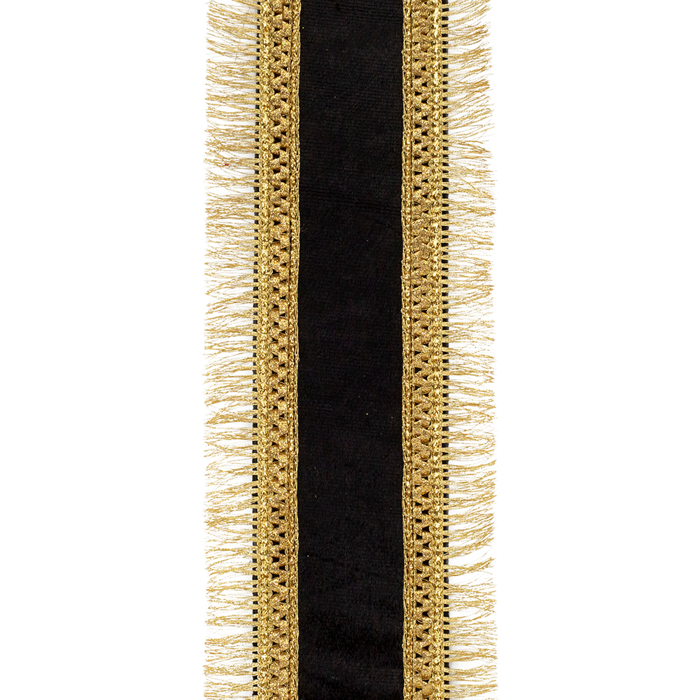Plush black velvet ribbon with gold metallic regal fringe and wired edges.
