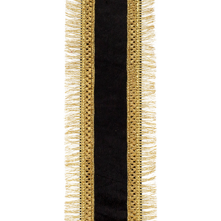 Plush black velvet ribbon with gold metallic regal fringe and wired edges.