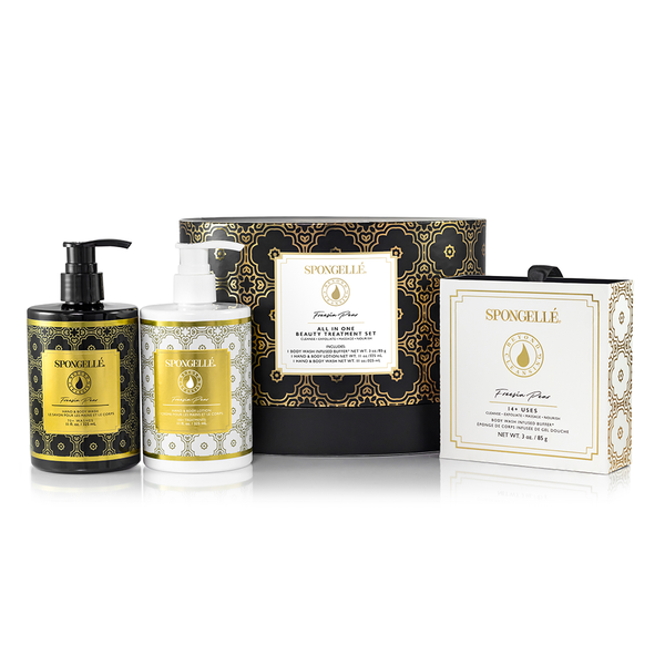 Daisy Collection body gift set box featuring a spongellé cleansing buffer with creamy fragrance.