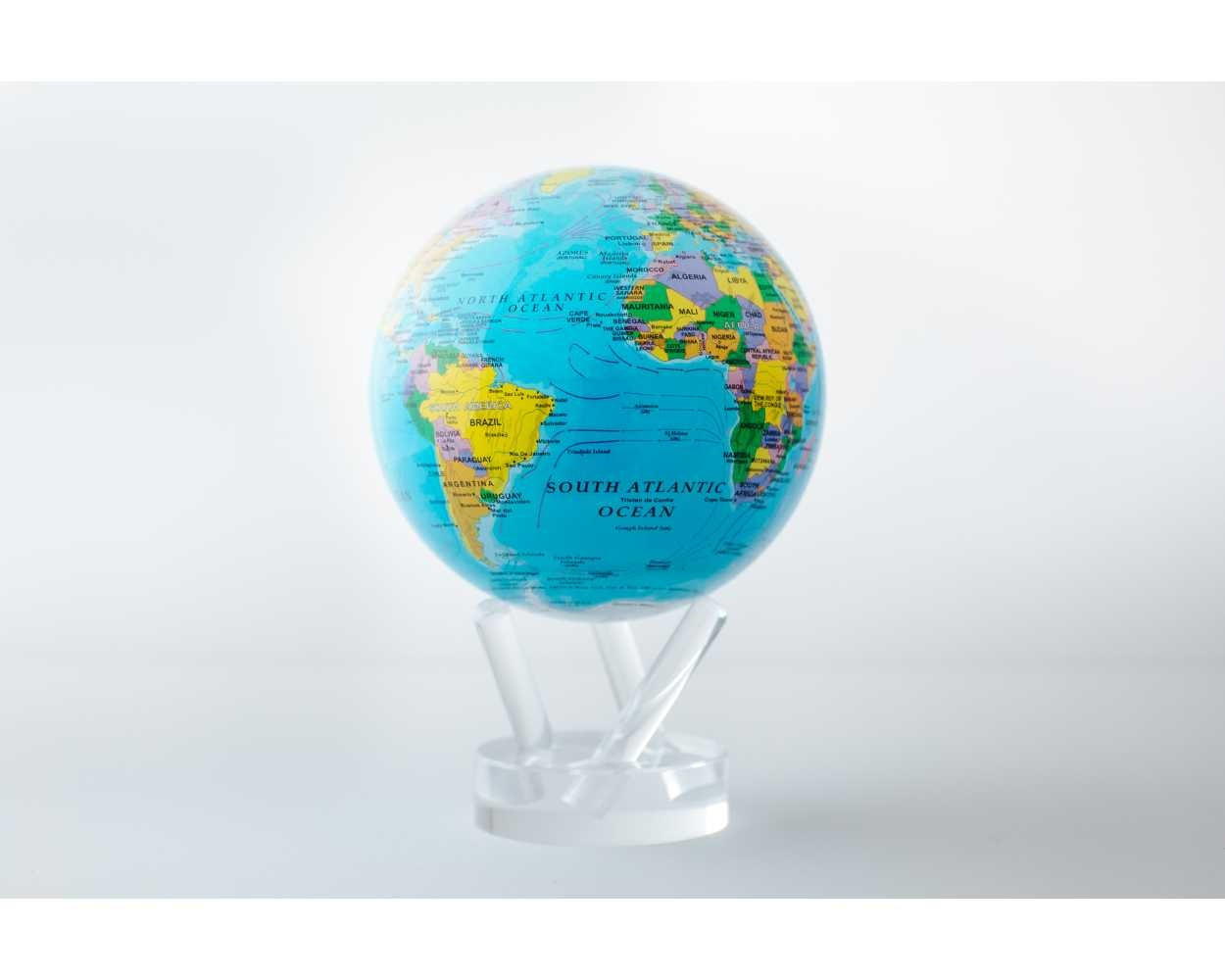 6-inch blue political map globe with clear acrylic shell rotating on a base.