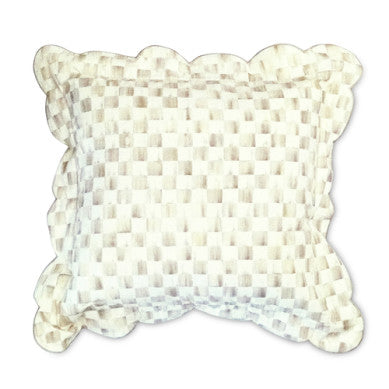Reversible scalloped throw pillow in cotton with a check pattern.