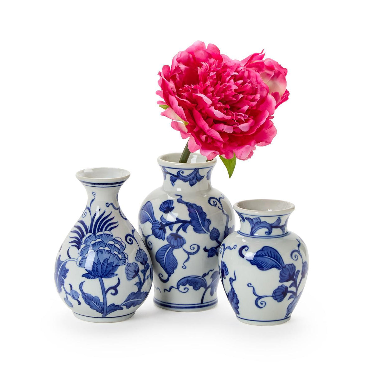Three hand-painted blue and white floral chinoiserie porcelain vases with a pink flower.