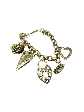 Antique gold chunky charm bracelet featuring heart, rose, and crystal-studded lock charms.