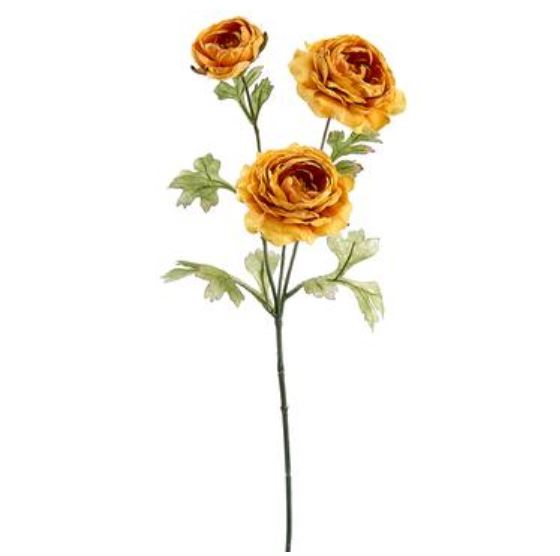Artificial mustard-colored ranunculus spray with polyester petals and plastic stems.