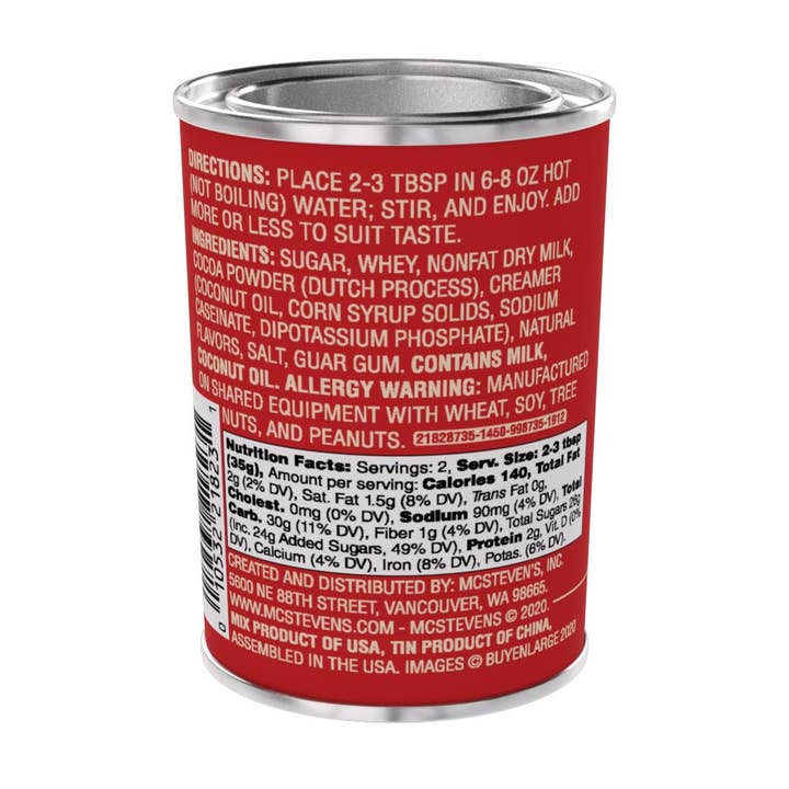 Back label of Vintage Santa's Favorite Peppermint Cocoa tin showing ingredients and nutrition facts.