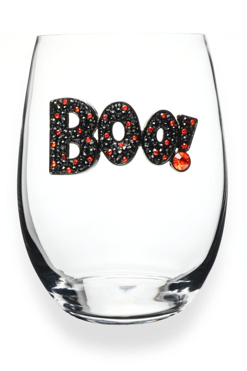 Boo Halloween stemless wine glass with black glittery spiderweb pattern on clear glass.