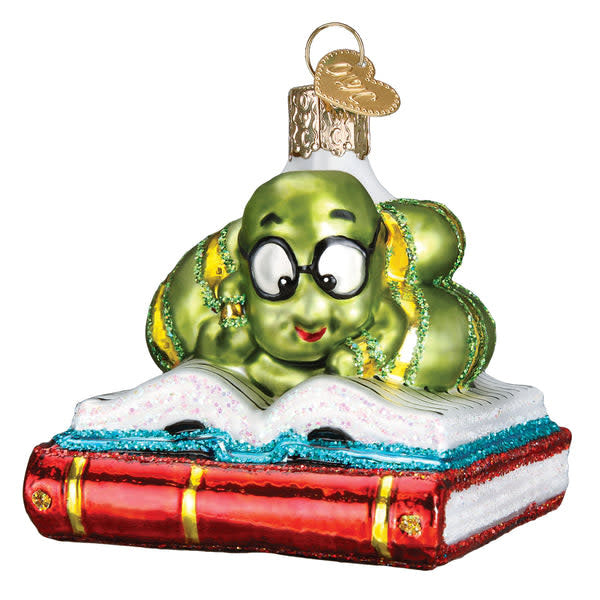 Bookworm ornament shaped like a curled book with textured pages in dark brown.