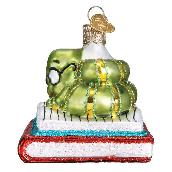 Side view of a Bookworm Ornament in dark brown with textured spine details resembling pages.