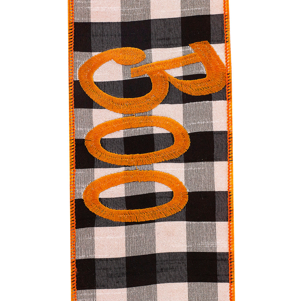 Buffalo check wired edge ribbon in blue with embroidered 'Boo' text on a white background.