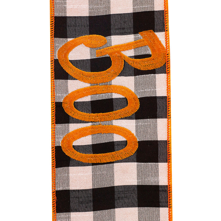 Buffalo check wired edge ribbon in blue with embroidered 'Boo' text on a white background.